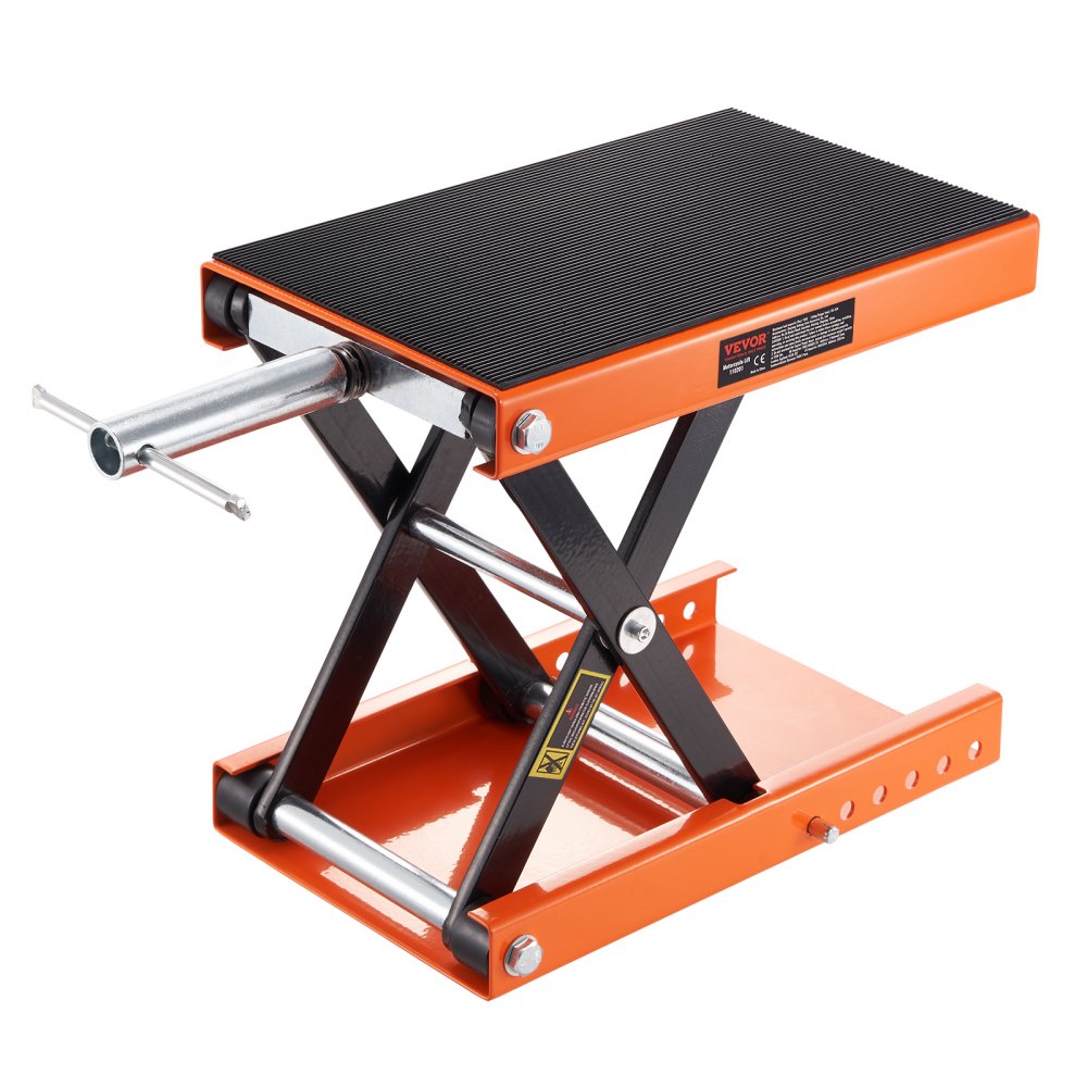 VEVOR motorcycle lift with orange and black design, featuring scissor lift mechanism and adjustable knob.