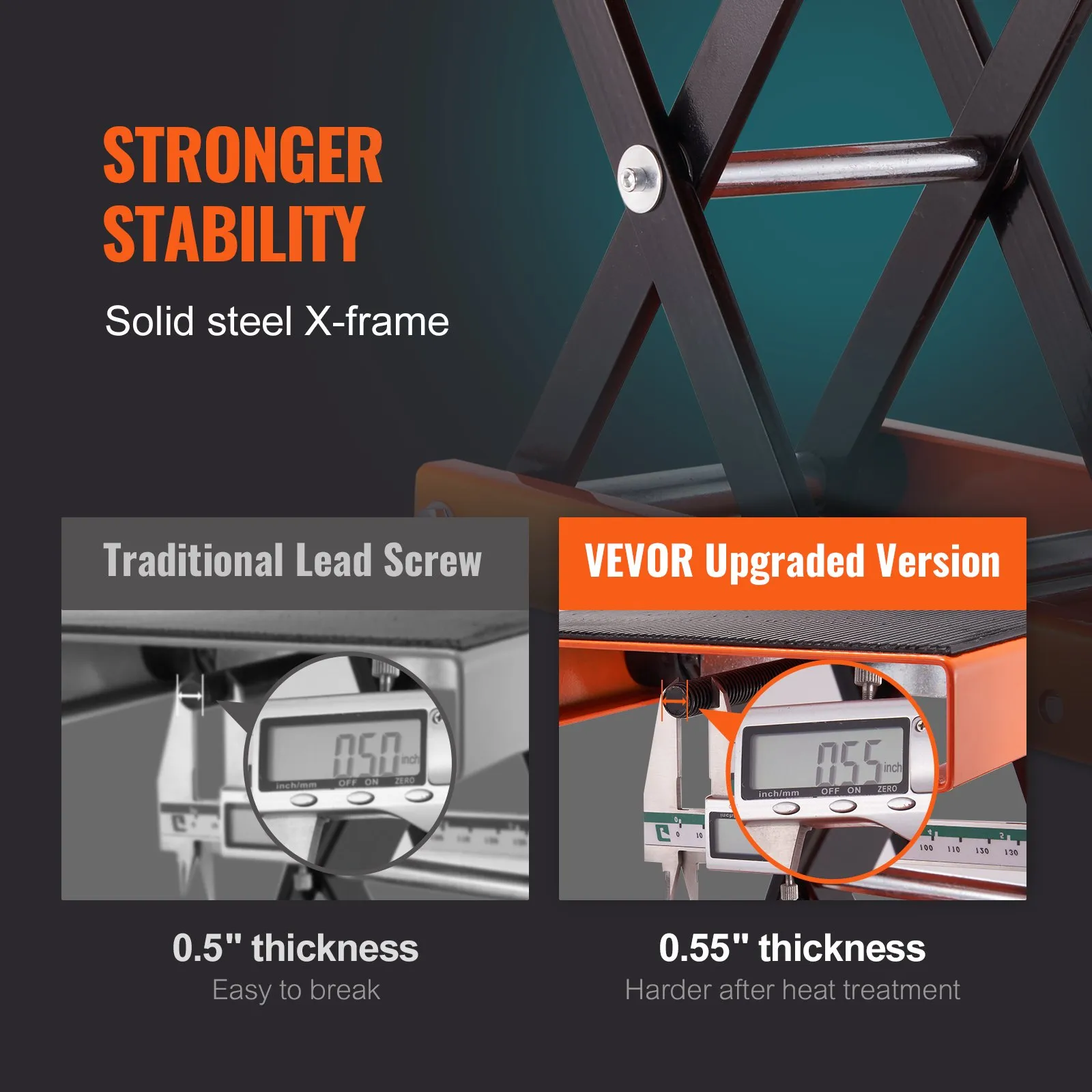 VEVOR motorcycle lift with solid steel x-frame and 0.55&quot; thickness, showcasing stronger stability.