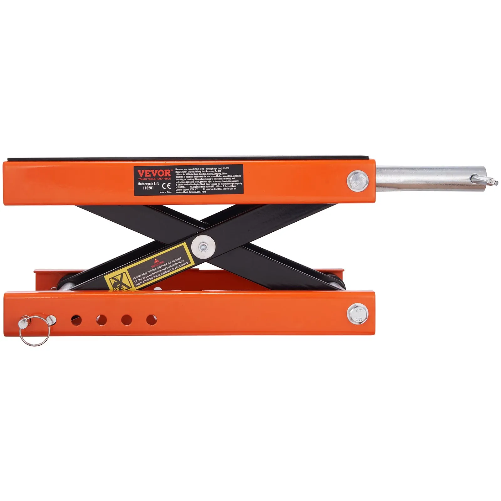 VEVOR motorcycle lift, orange and black, with adjustable height and stability features.
