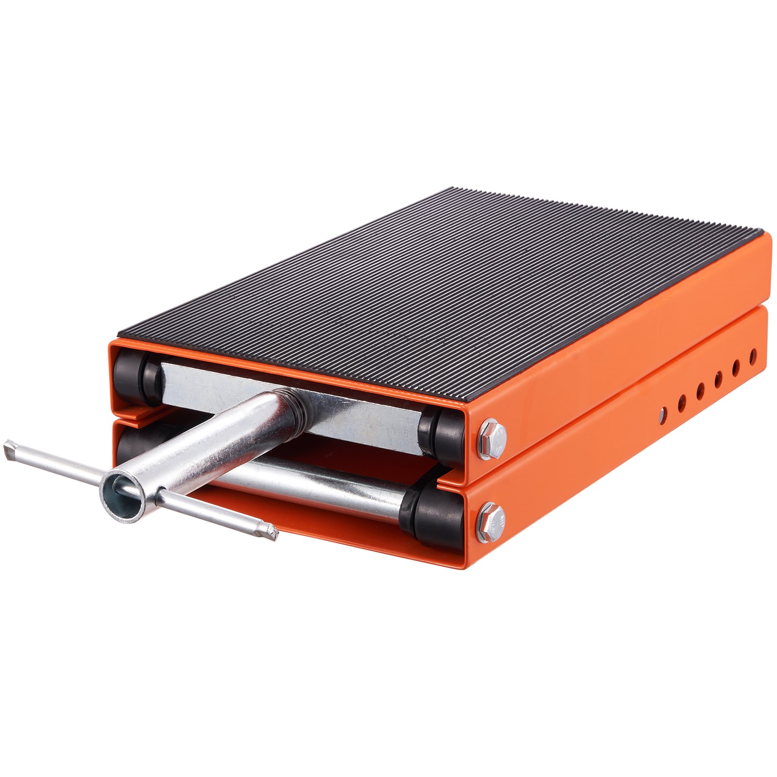 orange VEVOR motorcycle lift with metal rod handles and rubberized surface for stability.