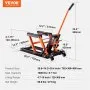 VEVOR motorcycle jack stand with lifting range 4.7-15 inches, max capacity 1500 lbs, and product size specs.