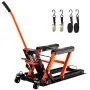 VEVOR motorcycle jack stand with orange handle and black base, plus three tie-down straps.