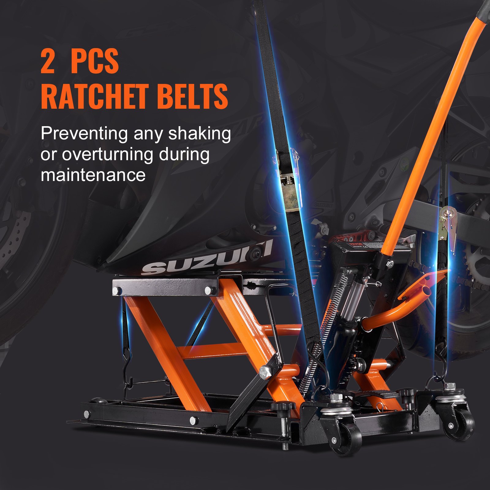 VEVOR motorcycle jack stand with two ratchet belts, ensuring stability and safety for a suzuki bike.