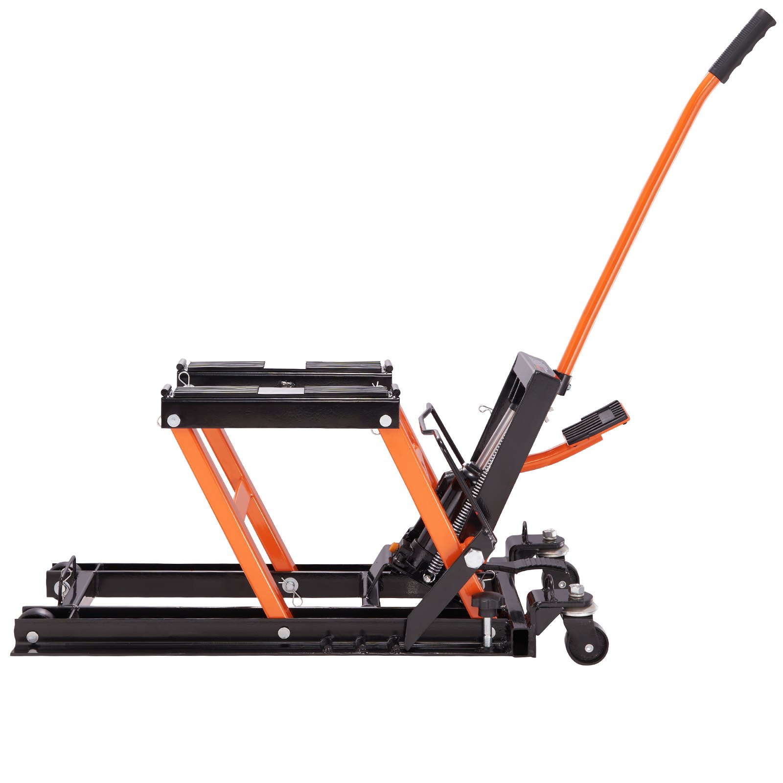 VEVOR motorcycle jack stand with orange steel frame and black handle, side view showing lift mechanism.