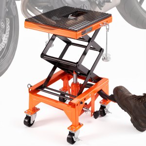 VEVOR Hydraulic Motorcycle Lift Table, 350 LBS Capacity Motorcycle Scissor Jack Lift with Wide Deck, J-hooks, 4 Wheels, Hydraulic Foot-Operated Jack Stand for ATV Dirt Bikes