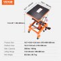 VEVOR hydraulic motorcycle lift with dimensions and specs: 350 lbs capacity, 13.8-36 inches lifting range.