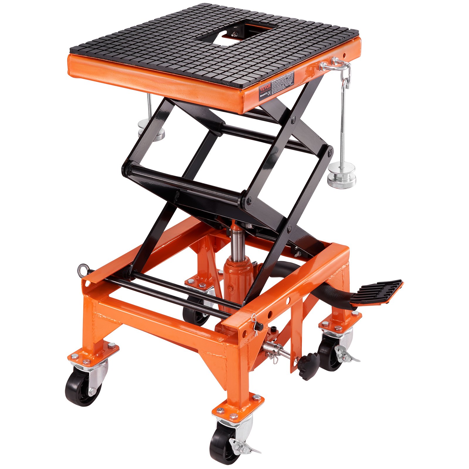 VEVOR hydraulic motorcycle lift with orange base, black lifting arms, and caster wheels for mobility.