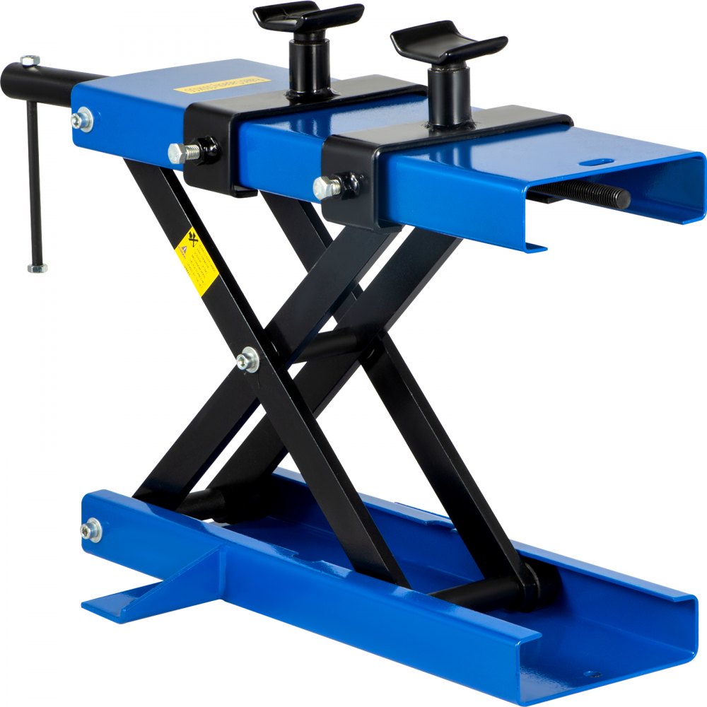 VEVOR Motorcycle Jack 1100lbs, Center Scissor Lift Jack with Wide Deck, Garage Repair Stand with protective paint covered cradles, Crank Hoist Stand for Standard, Cruiser, Touring, Sport Bike Blue