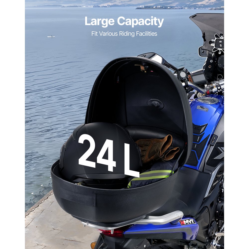 VEVOR Motorcycle Top Case, Universal Durable PP Material Motorbike Tail Box with Reflective Panel, 24L Waterproof Detachable Motorcycle Top Box with Multi-Hole Base, Fit for 99% of Motorcycle Frames