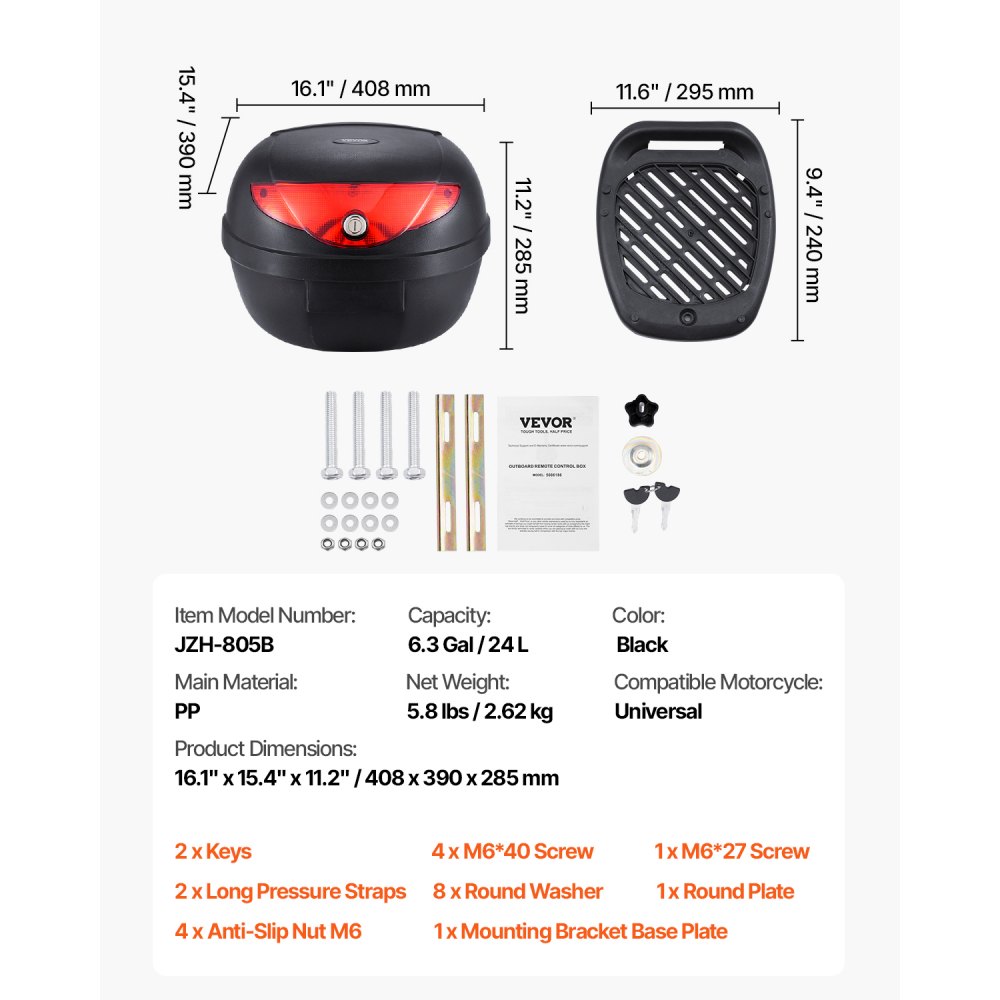 VEVOR Motorcycle Top Case, Universal Durable PP Material Motorbike Tail Box with Reflective Panel, 24L Waterproof Detachable Motorcycle Top Box with Multi-Hole Base, Fit for 99% of Motorcycle Frames