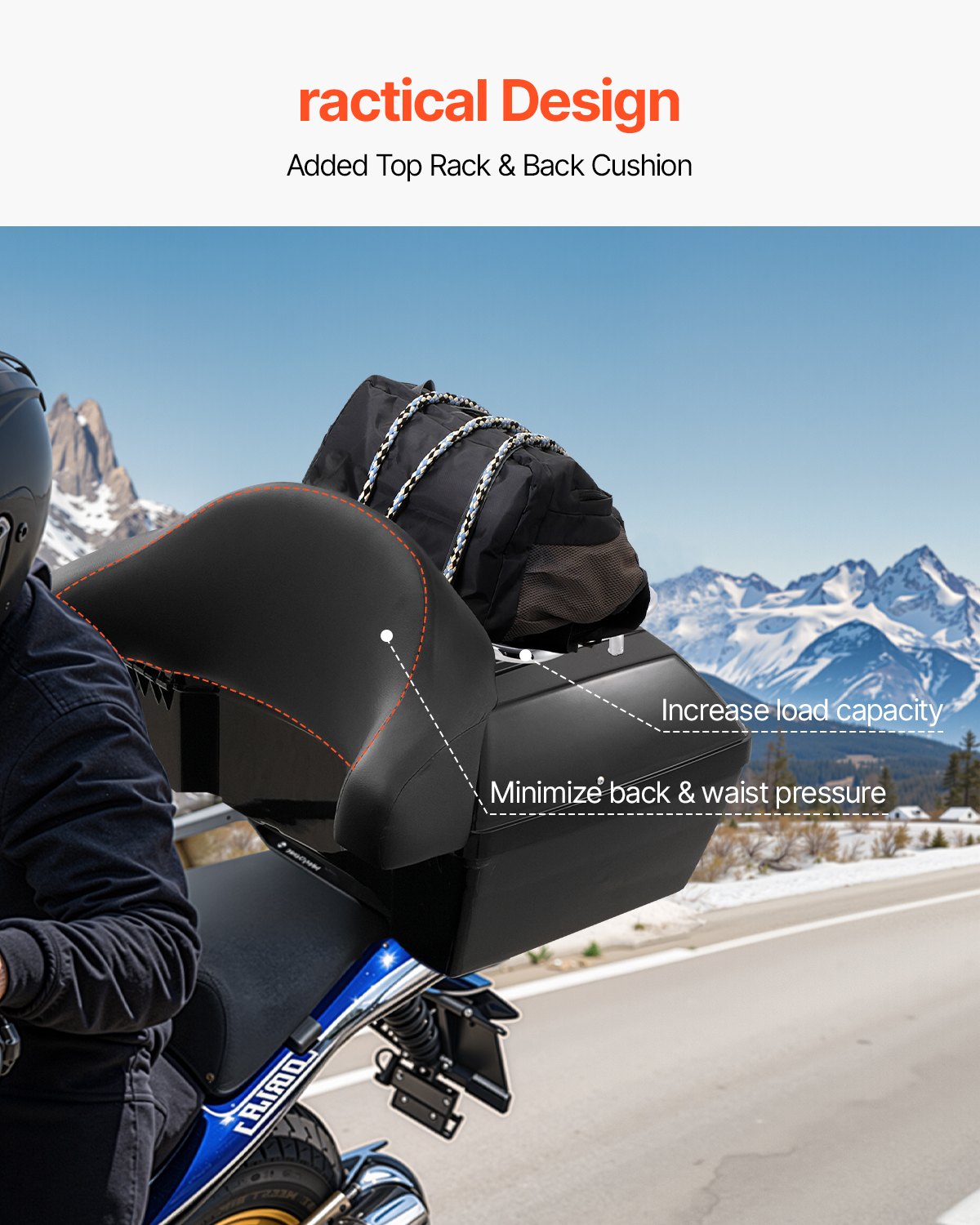 VEVOR Motorcycle Top Case, Universal Durable PP Material Motorbike Tail Box with Reflective Panel, 48L Waterproof Detachable Motorcycle Top Box with Multi-Hole Base, Fit for 99% of Motorcycle Frames