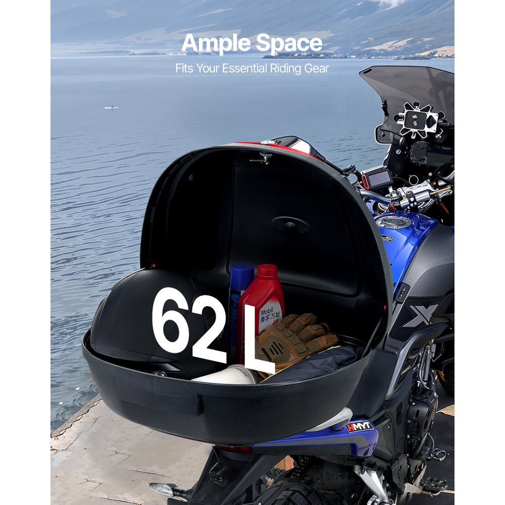 VEVOR Motorcycle Top Case, Universal Durable PP Material Motorbike Tail Box with Reflective Panel, 62L Waterproof Detachable Motorcycle Top Box with Multi-Hole Base, Fit for 99% of Motorcycle Frames