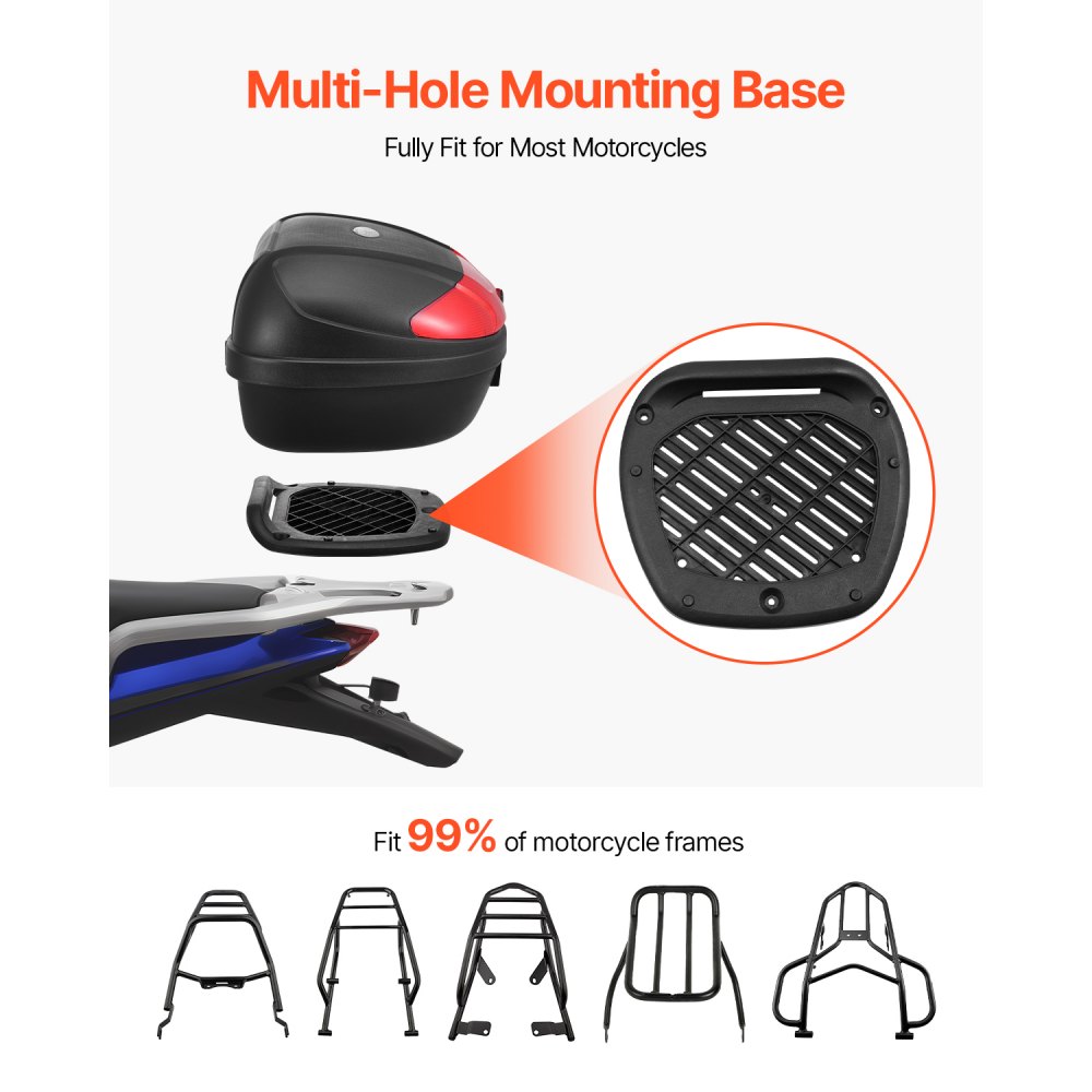 VEVOR Motorcycle Top Case, Universal Durable PP Material Motorbike Tail Box with Reflective Panel, 62L Waterproof Detachable Motorcycle Top Box with Multi-Hole Base, Fit for 99% of Motorcycle Frames