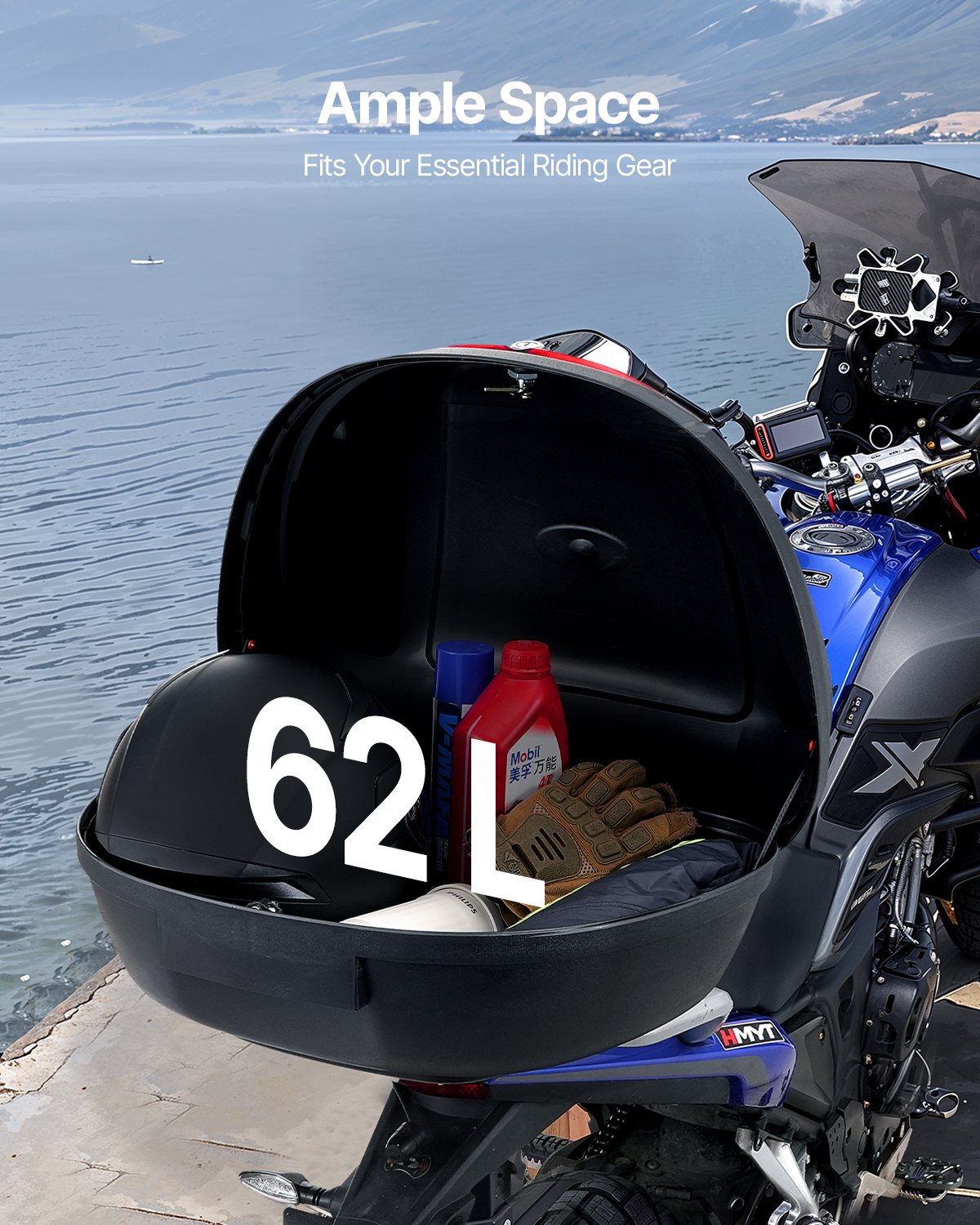 VEVOR Motorcycle Top Case, Universal Durable PP Material Motorbike Tail Box with Reflective Panel, 62L Waterproof Detachable Motorcycle Top Box with Multi-Hole Base, Fit for 99% of Motorcycle Frames