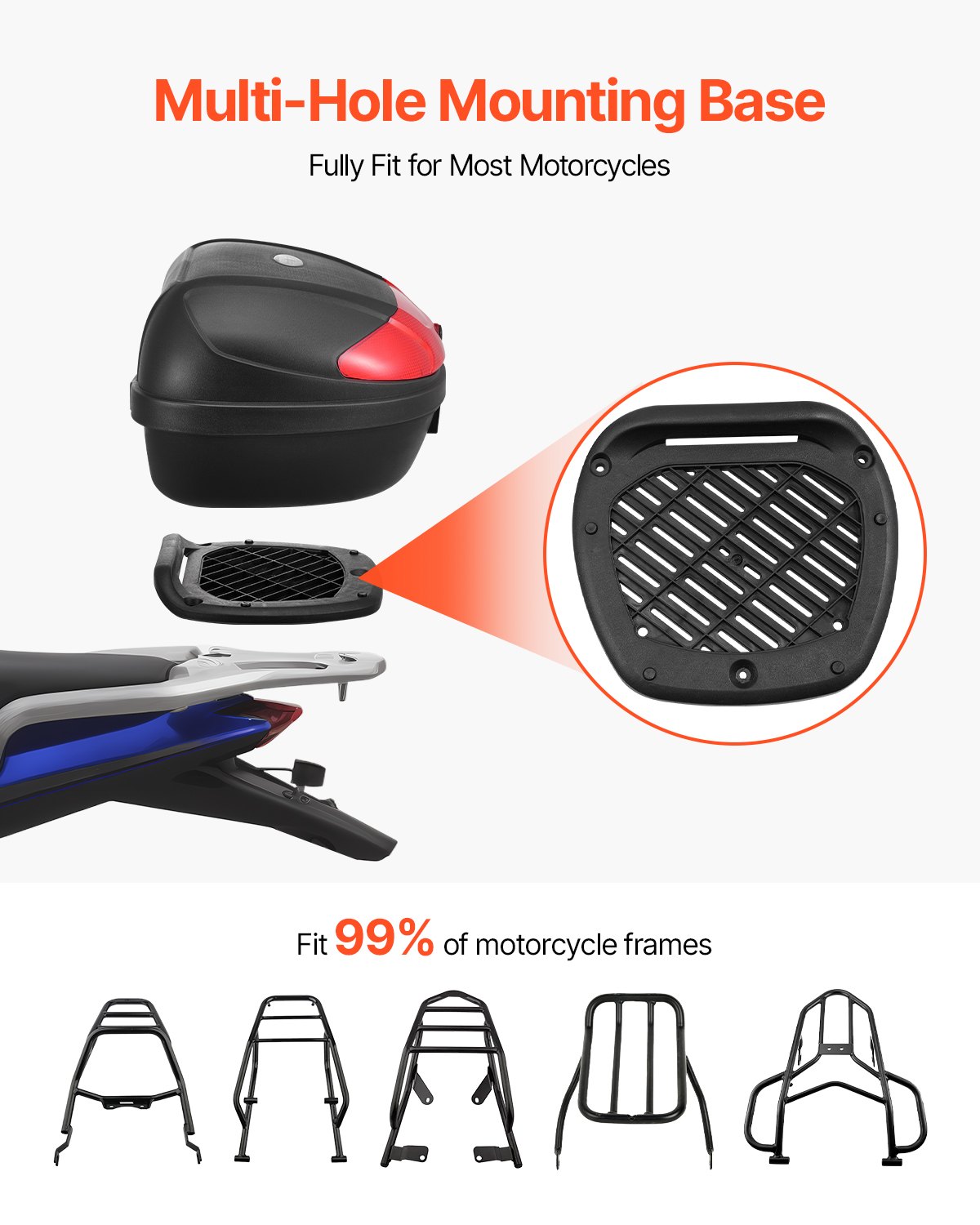 VEVOR Motorcycle Top Case, Universal Durable PP Material Motorbike Tail Box with Reflective Panel, 62L Waterproof Detachable Motorcycle Top Box with Multi-Hole Base, Fit for 99% of Motorcycle Frames