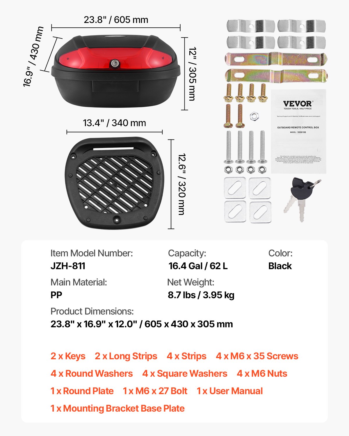 VEVOR Motorcycle Top Case, Universal Durable PP Material Motorbike Tail Box with Reflective Panel, 62L Waterproof Detachable Motorcycle Top Box with Multi-Hole Base, Fit for 99% of Motorcycle Frames