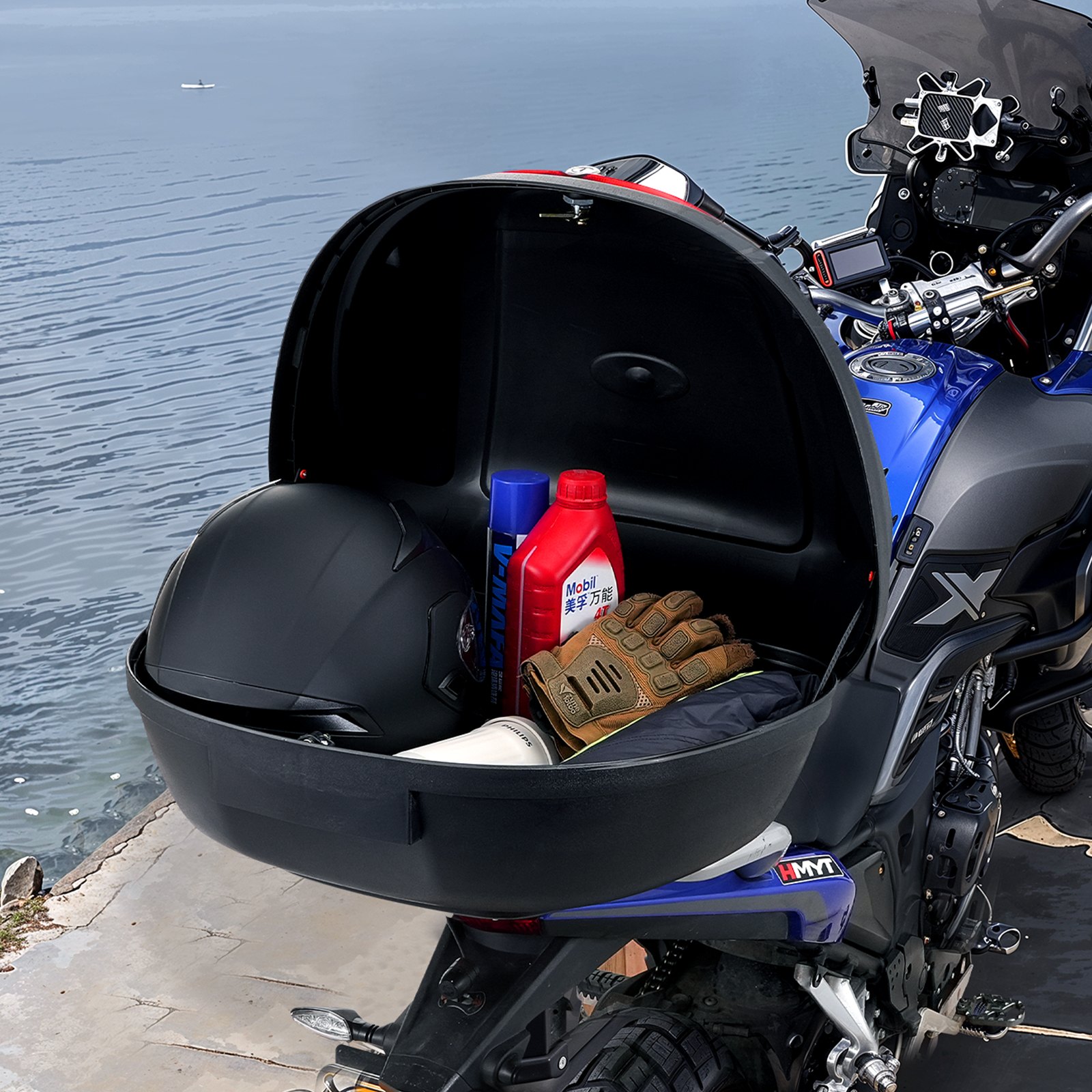 VEVOR Motorcycle Top Case, Universal Durable PP Material Motorbike Tail Box with Reflective Panel, 62L Waterproof Detachable Motorcycle Top Box with Multi-Hole Base, Fit for 99% of Motorcycle Frames