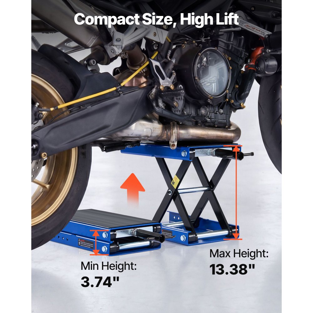 VEVOR Motorcycle Lift, 499 kg Motorcycle Scissor Lift Jack with Wide Deck & Locking Pin, 95-340 mm Center Hoist Crank Stand, Steel Scissor Jack for Street Bikes, Cruiser Bikes, Touring, Blue/Black