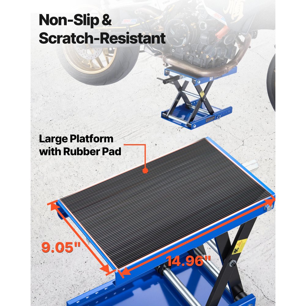 VEVOR Motorcycle Lift, 499 kg Motorcycle Scissor Lift Jack with Wide Deck & Locking Pin, 95-340 mm Center Hoist Crank Stand, Steel Scissor Jack for Street Bikes, Cruiser Bikes, Touring, Blue/Black