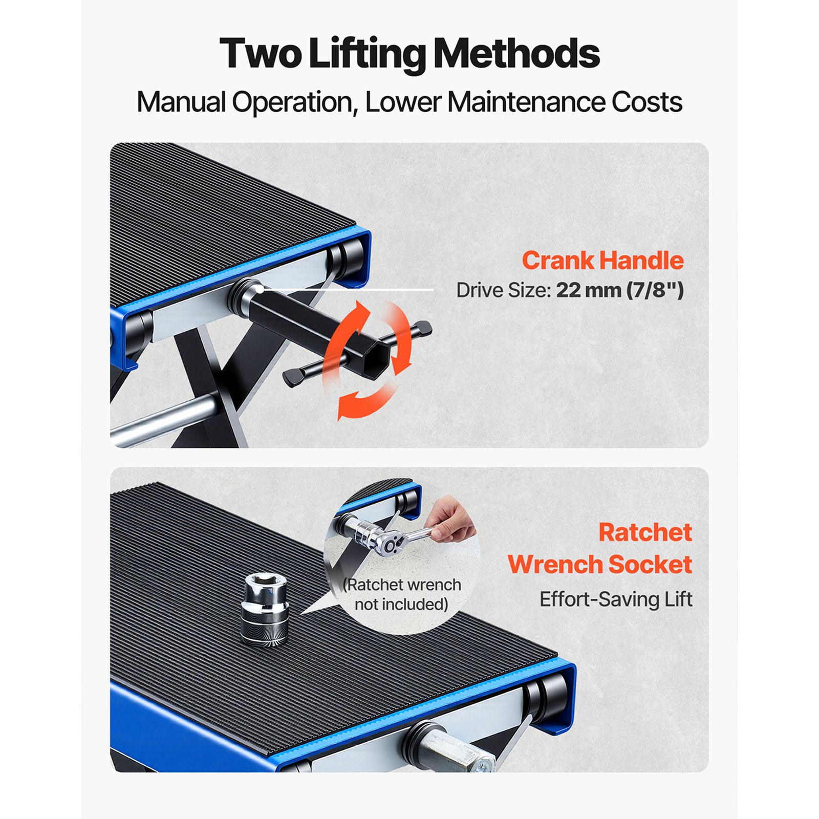 VEVOR Motorcycle Lift, 499 kg Motorcycle Scissor Lift Jack with Wide Deck & Locking Pin, 95-340 mm Center Hoist Crank Stand, Steel Scissor Jack for Street Bikes, Cruiser Bikes, Touring, Blue/Black