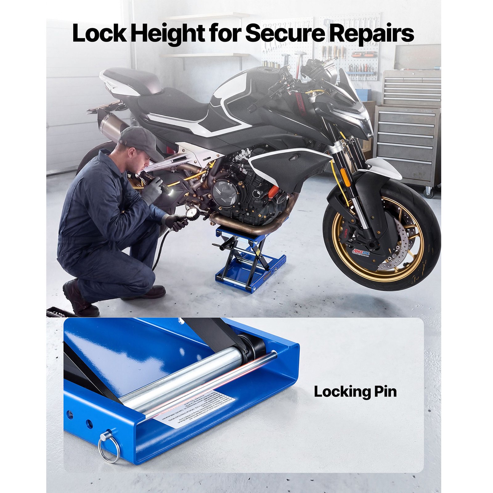 VEVOR Motorcycle Lift, 499 kg Motorcycle Scissor Lift Jack with Wide Deck & Locking Pin, 95-340 mm Center Hoist Crank Stand, Steel Scissor Jack for Street Bikes, Cruiser Bikes, Touring, Blue/Black