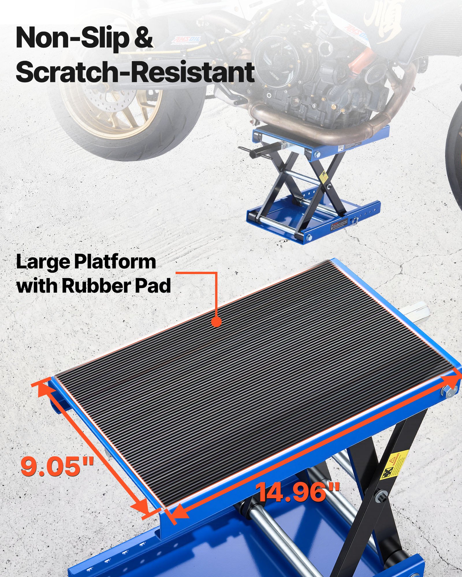 VEVOR Motorcycle Lift, 499 kg Motorcycle Scissor Lift Jack with Wide Deck & Locking Pin, 95-340 mm Center Hoist Crank Stand, Steel Scissor Jack for Street Bikes, Cruiser Bikes, Touring, Blue/Black