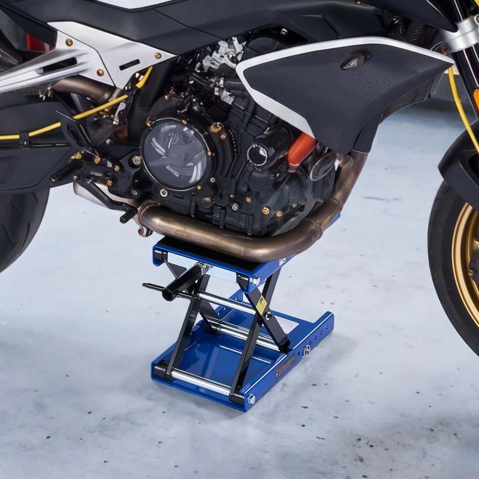 VEVOR Motorcycle Lift, 499 kg Motorcycle Scissor Lift Jack with Wide Deck & Locking Pin, 95-340 mm Center Hoist Crank Stand, Steel Scissor Jack for Street Bikes, Cruiser Bikes, Touring, Blue/Black