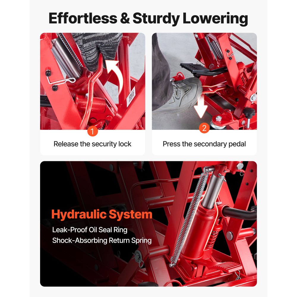 VEVOR Steel Hydraulic Motorcycle Jack Stand, 1500 LBS ATV Scissor Lift Jack, 4.7"-15" Scissor Lift Jack Stand with 4 Wheels, Hydraulic Foot-Operated Hoist Stand for Motorcycle ATV UTV Powersports