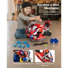 VEVOR Motorcycle Engine Toy, 25 Pieces, Motorcycle Mechanic Toy with Removable Parts, Lights & Sounds, Simulated Riding & Track Racing, Kids Mechanic Workshop Set for Toddler 3 Years and Up, Red