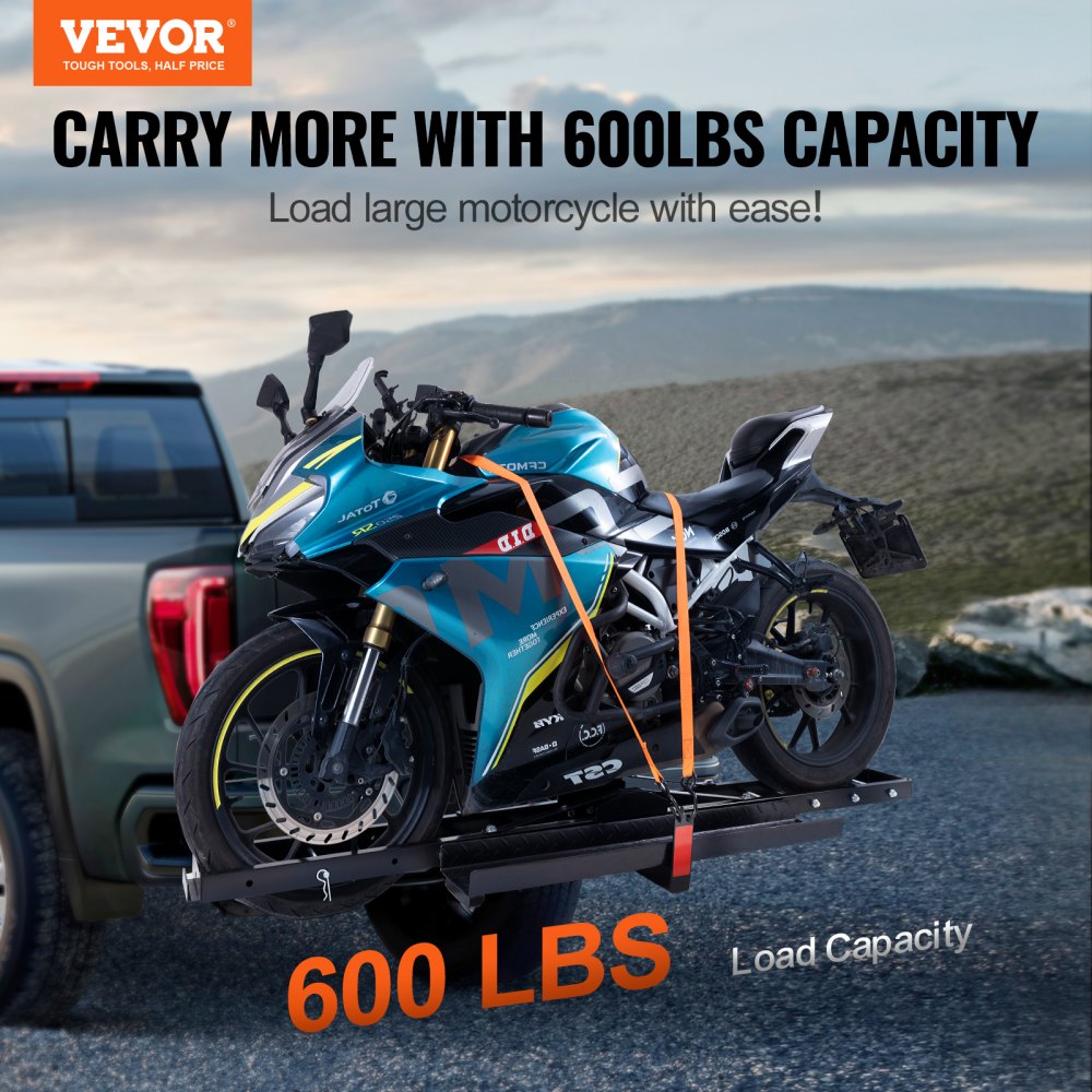 VEVOR Motorcycle Carrier, 600 LBS Steel Motorcycle Carrier Hitch Mount with  Loading Ramp, Scooter Dirt Bike Trailer Hauler with Ratchet Straps and  Stabilizer, for Car, Truck with 2 Hitch Receiver
