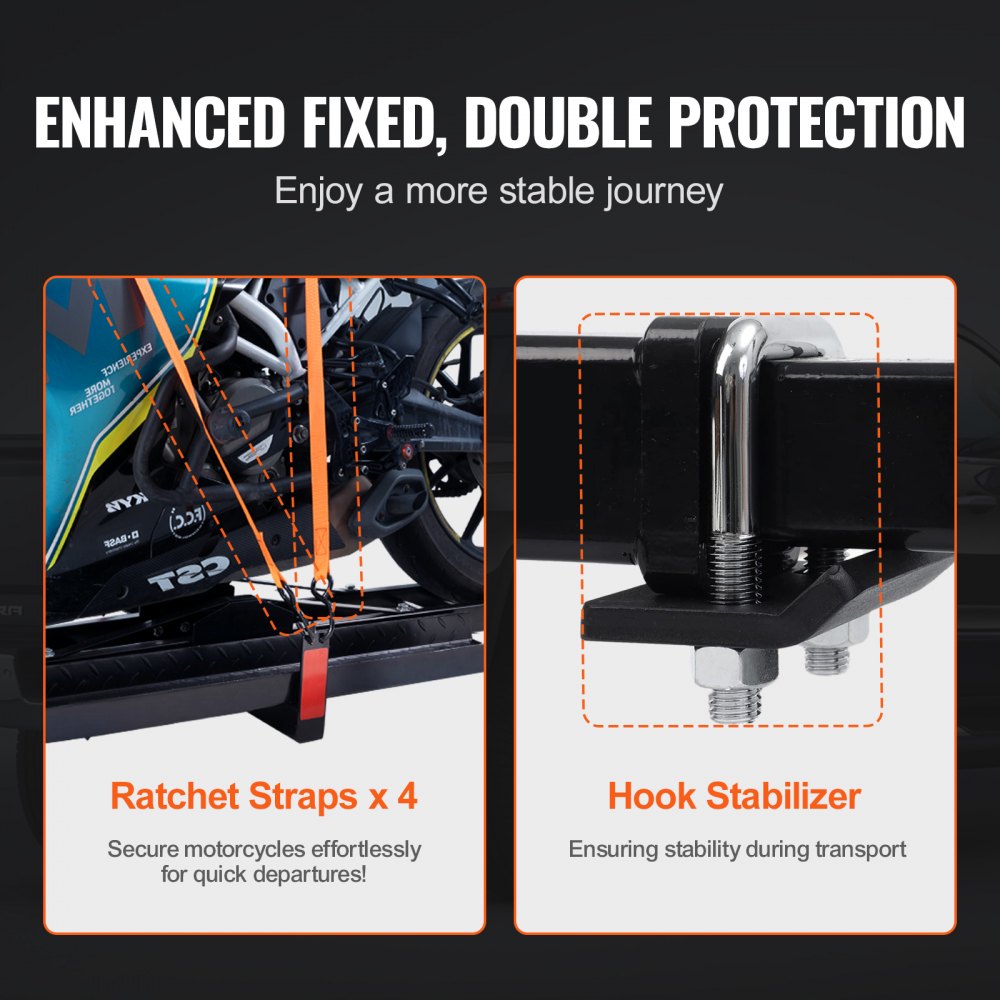 VEVOR Motorcycle Carrier, 600 LBS Steel Motorcycle Carrier Hitch Mount with Loading Ramp, Scooter Dirt Bike Trailer Hauler with Ratchet Straps and Stabilizer, for Car, Truck with 2" Hitch Receiver