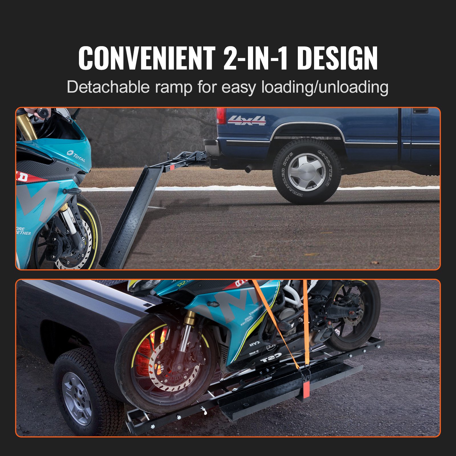 VEVOR Motorcycle Carrier, 600 LBS Steel Motorcycle Carrier Hitch Mount with Loading Ramp, Scooter Dirt Bike Trailer Hauler with Ratchet Straps and Stabilizer, for Car, Truck with 2" Hitch Receiver