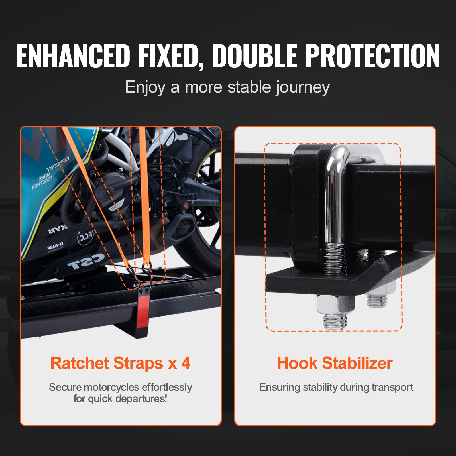 VEVOR Motorcycle Carrier, 600 LBS Steel Motorcycle Carrier Hitch Mount with Loading Ramp, Scooter Dirt Bike Trailer Hauler with Ratchet Straps and Stabilizer, for Car, Truck with 2" Hitch Receiver