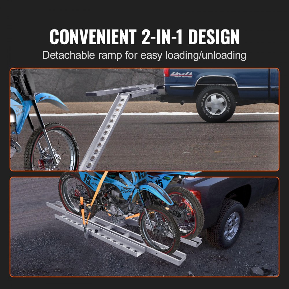 VEVOR Motorcycle Carrier, 2-Bike 272.2 kg Aluminum Motorcycle Carrier Hitch Mount, Loading Ramp, Scooter Dirt Bike Trailer Hauler, Ratchet Straps and Stabilizer, for Car, Truck with 5.1 cm Hitch Receiver
