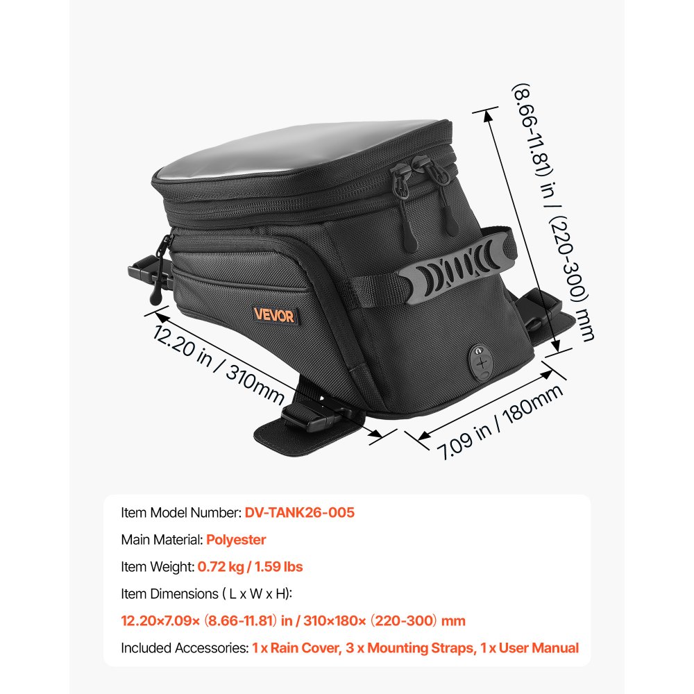 VEVOR Motorcycle Tank Bag Extra Large Black Motorbike Storage Bag Accessory, For ADV, Dual Sport, Touring & Dirt Bikes, Touchscreen Phone Map Pocket, YKK Zippers, Quick-Release Straps, with Rain Cover