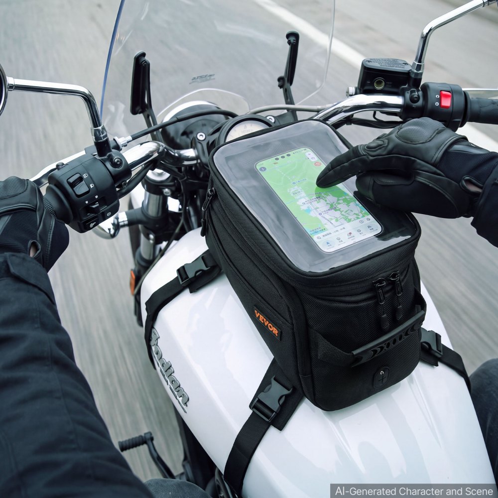 VEVOR Motorcycle Tank Bag Extra Large Black Motorbike Storage Bag Accessory, For ADV, Dual Sport, Touring & Dirt Bikes, Touchscreen Phone Map Pocket, YKK Zippers, Quick-Release Straps, with Rain Cover