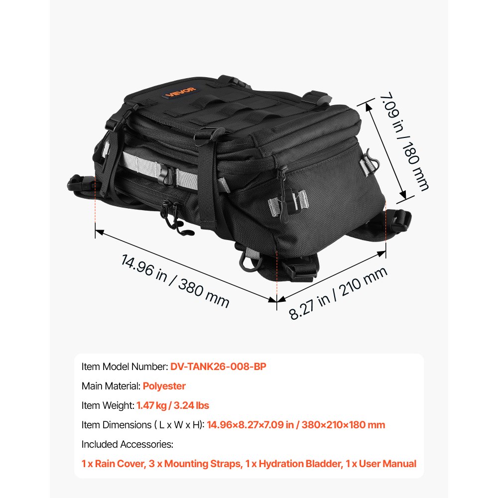 VEVOR Tank Bag, Large Black Motorcycle Storage Backpack Hydration Bladder, Universal Fits ADV, Sport, Touring, and Dirt Bikes, YKK Zippers, Multi-Pocket Compartment,Hidden Shoulder Strap, Rain Cover