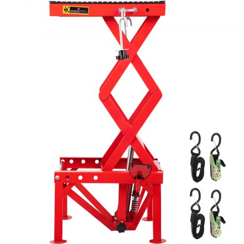 VEVOR Motorcycle Jack, Hydraulic Motorcycle Scissor Jack with 300LBS Load Capacity, Portable Lift Table, Adjustable Motorcycle Lift Jack, Red Motorcycle Lift Stand with Fastening Straps