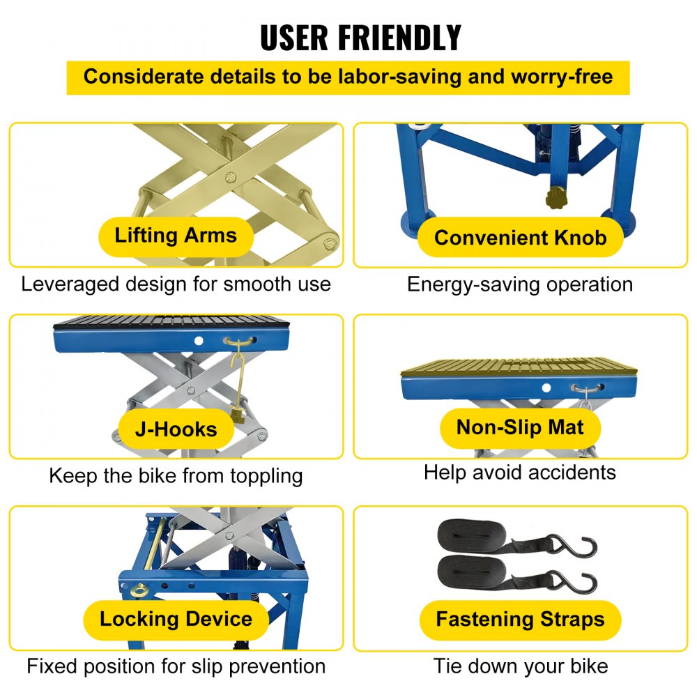 VEVOR Motorcycle Jack, Hydraulic Motorcycle Scissor Jack with 300LBS Load Capacity, Portable Lift Table, Adjustable Motorcycle Lift Jack, Blue Motorcycle Lift Stand with Lockable Casters