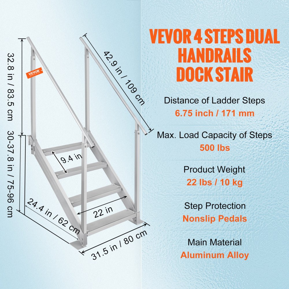 VEVOR Dock Ladder 4 Step, Dock Stairs 30''-38'' Adjustable Height, 500 lbs Load Capacity, Aluminum Pontoon Boat Ladder with Dual Handrails & Anti-Slip Design Pedal for Ship/Lake/Pool/Marine Boarding