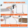 six-step guide to install VEVOR dock ladder, showcasing nonslip pads, pedals, rods, support feet, handrails, and mounting plate.