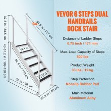 VEVOR Dock Ladder, 1.09 m-1.29 m Adjustable Height, 227 kg Load Capacity, Aluminum Alloy 6 Steps Pontoon Boat Ladder with Dual Handrails & Nonslip Rubber Mat, Ideal for Ship/Lake/Pool/Marine Boarding