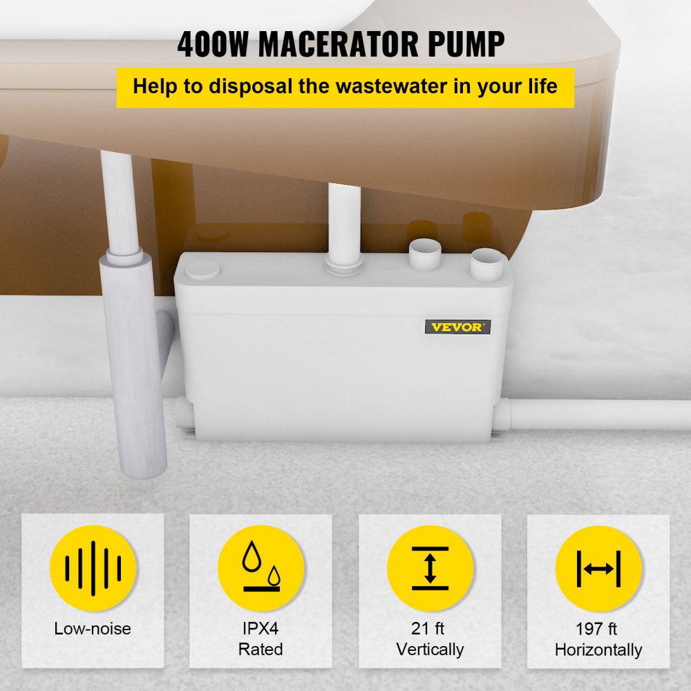 VEVOR 400W Sewerage Macerator Pump for Basement, Kitchen, Sink, Shower, Bathtub, Waste Water Disposal Machine, Elevation up to 21ft, 4 Inlets(2 Sided), White