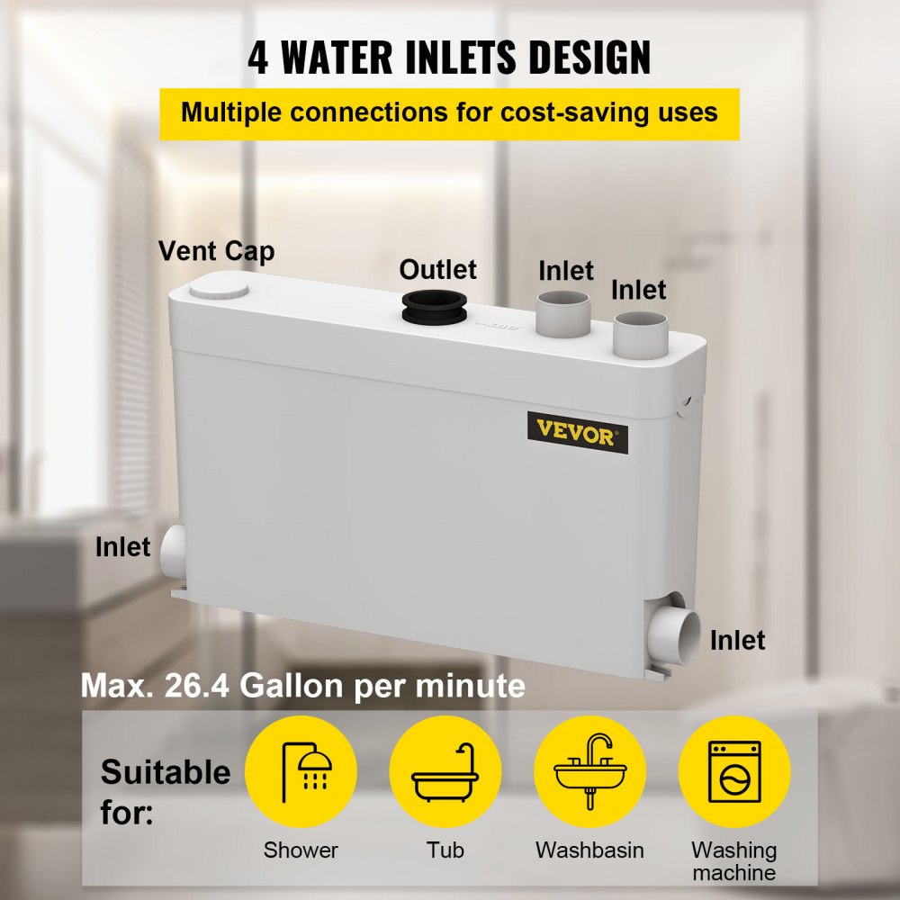 VEVOR 400W Sewerage Macerator Pump for Basement, Kitchen, Sink, Shower, Bathtub, Waste Water Disposal Machine, Elevation up to 21ft, 4 Inlets(2 Sided), White