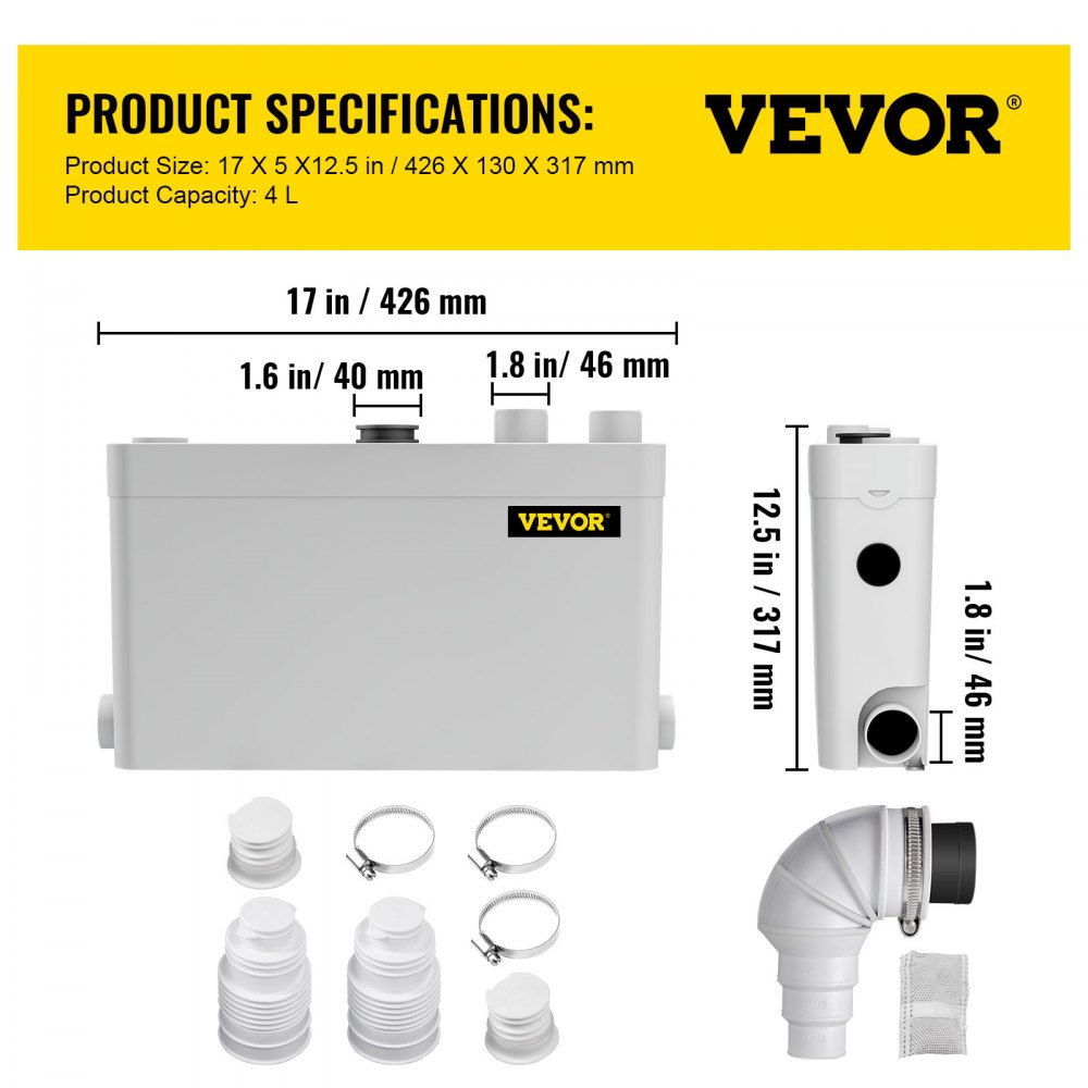 VEVOR 400W Sewerage Macerator Pump for Basement, Kitchen, Sink, Shower, Bathtub, Waste Water Disposal Machine, Elevation up to 21ft, 4 Inlets(2 Sided), White