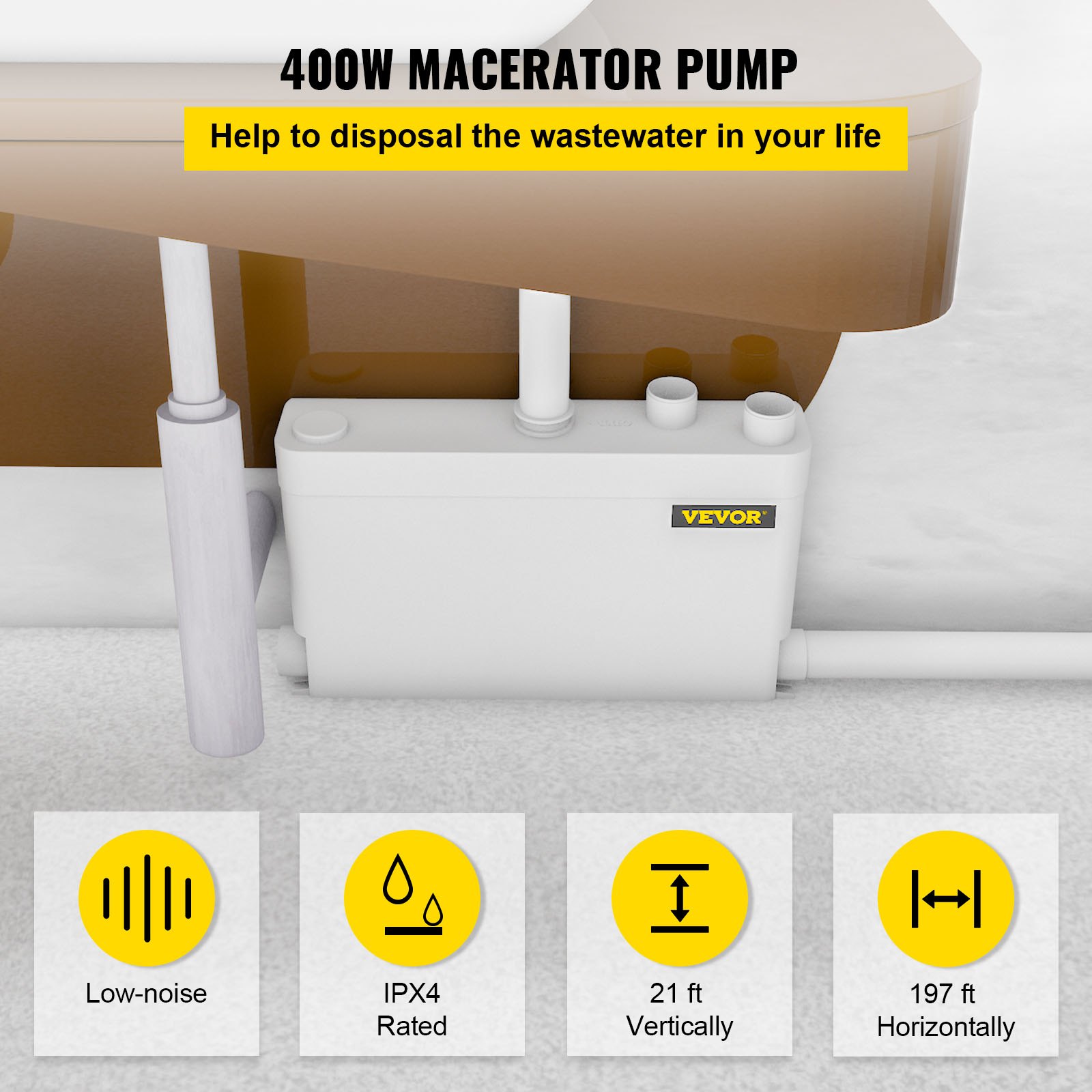 VEVOR 400W Sewerage Macerator Pump for Basement, Kitchen, Sink, Shower, Bathtub, Waste Water Disposal Machine, Elevation up to 21ft, 4 Inlets(2 Sided), White