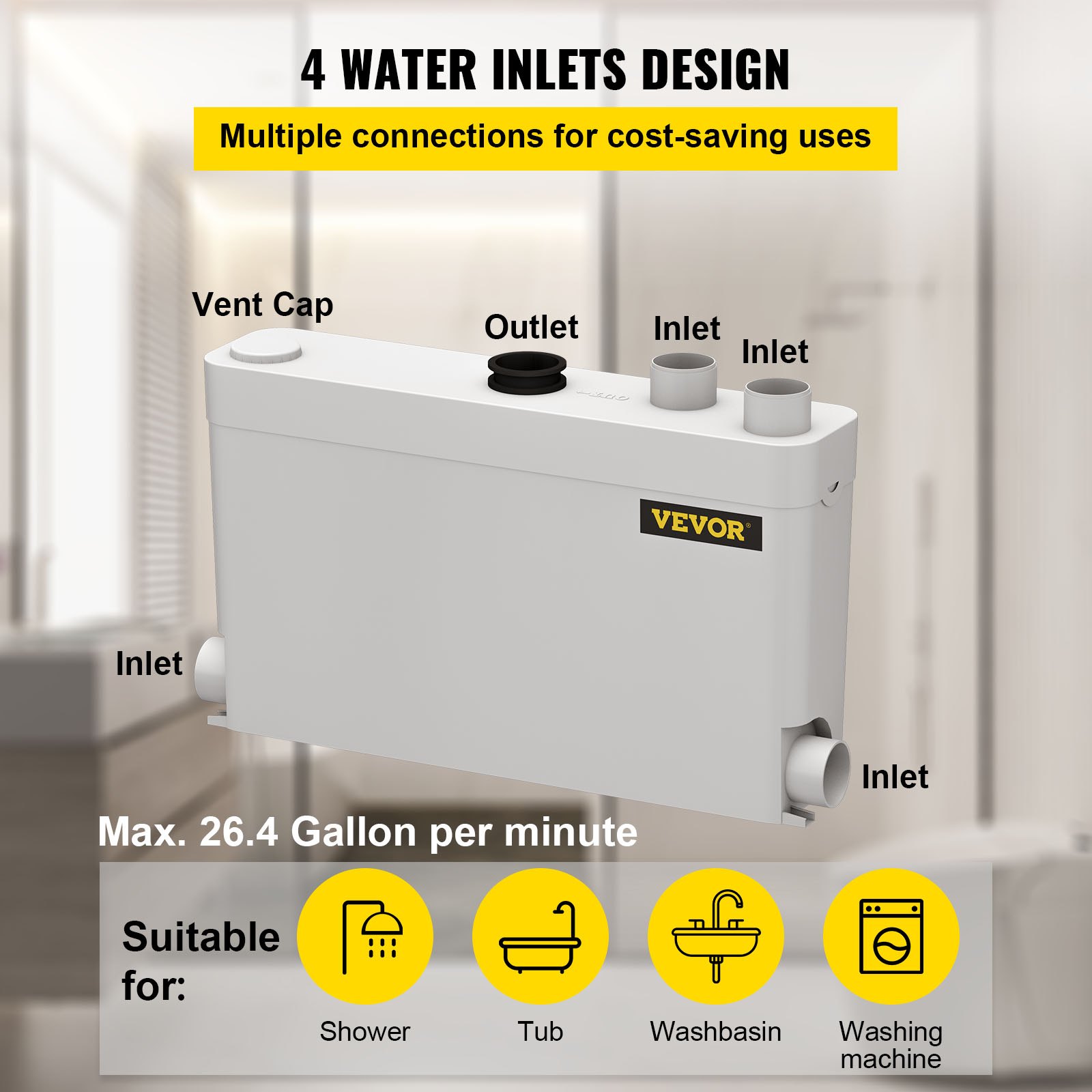 VEVOR 400W Sewerage Macerator Pump for Basement, Kitchen, Sink, Shower, Bathtub, Waste Water Disposal Machine, Elevation up to 21ft, 4 Inlets(2 Sided), White
