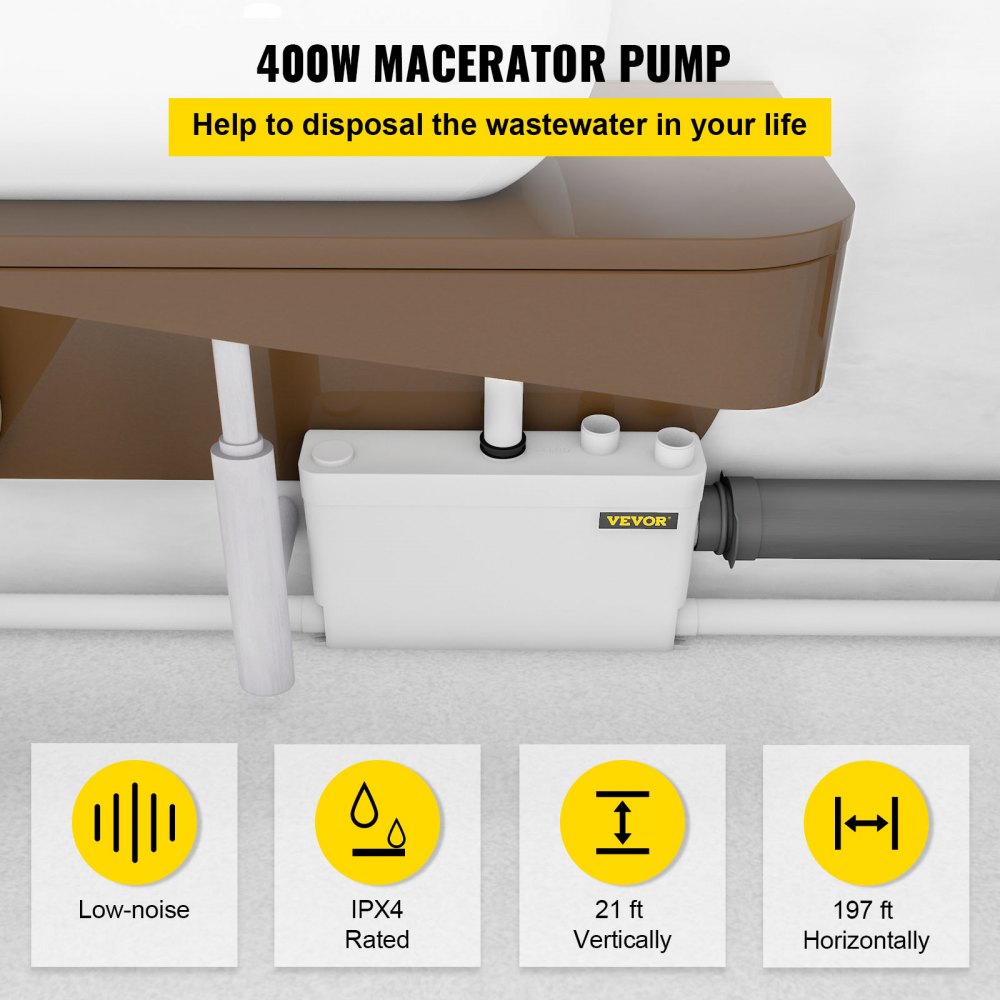 VEVOR Macerator Pump 400W, 5 Inlets(1 Sided) for Basement, Kitchen, Sink, Shower, Bathtub Waste Water Disposal Upflush Machine, Elevation up to 21ft, White