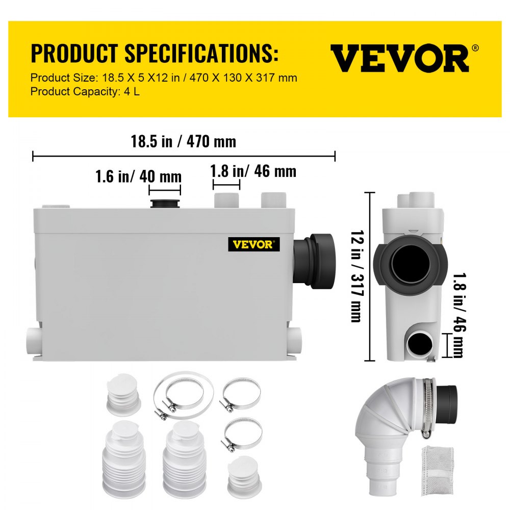 VEVOR Macerator Pump 400W, 5 Inlets(1 Sided) for Basement, Kitchen, Sink, Shower, Bathtub Waste Water Disposal Upflush Machine, Elevation up to 21ft, White