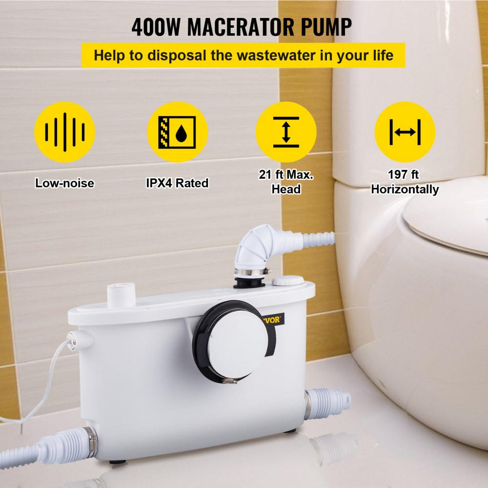 VEVOR Macerator Pump, 400W Macerator Toilet Pump, w/ 4 Water Inlets Macerating Pump, Toilet Sewerage Pump for Basement, Kitchen, Sink, Shower, Waste Water Disposal Upflush Pump, Elevation up to 21ft